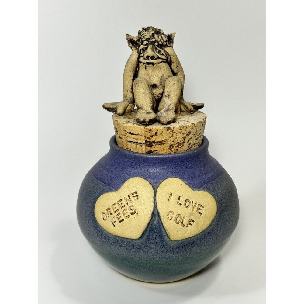 Hand Thrown Pottery Piggy Bank With Gargoyle Green Fees Golfer Gift Marked